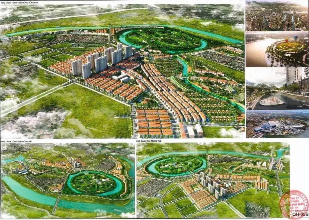 Tờ phối cảnh tổng thể QH-05B trong bộ bản vẽ 1/500, gồm phối cảnh hướng Đông Nam, hướng Bắc và khu trung tâm