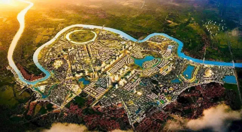 Phối cảnh toàn khu nhìn từ trên cao, sông Cầu uốn quanh bán đảo